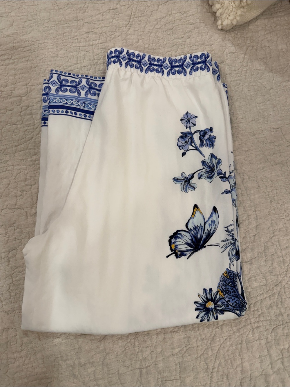 Chico's White Palazzo pants with Blue Floral & Butterfly Print